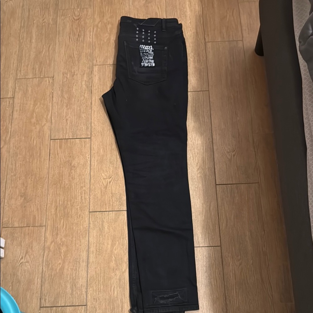 KSUBI MENS DESTROYED PATCHWORKED BLACK JEANS SIZE 38